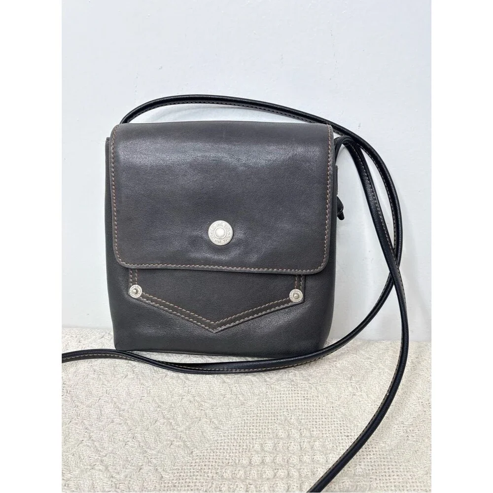 90s Vintage Liz Claiborne Leather Co Dark Gray Pocket Bag Flap Crossbody Purse